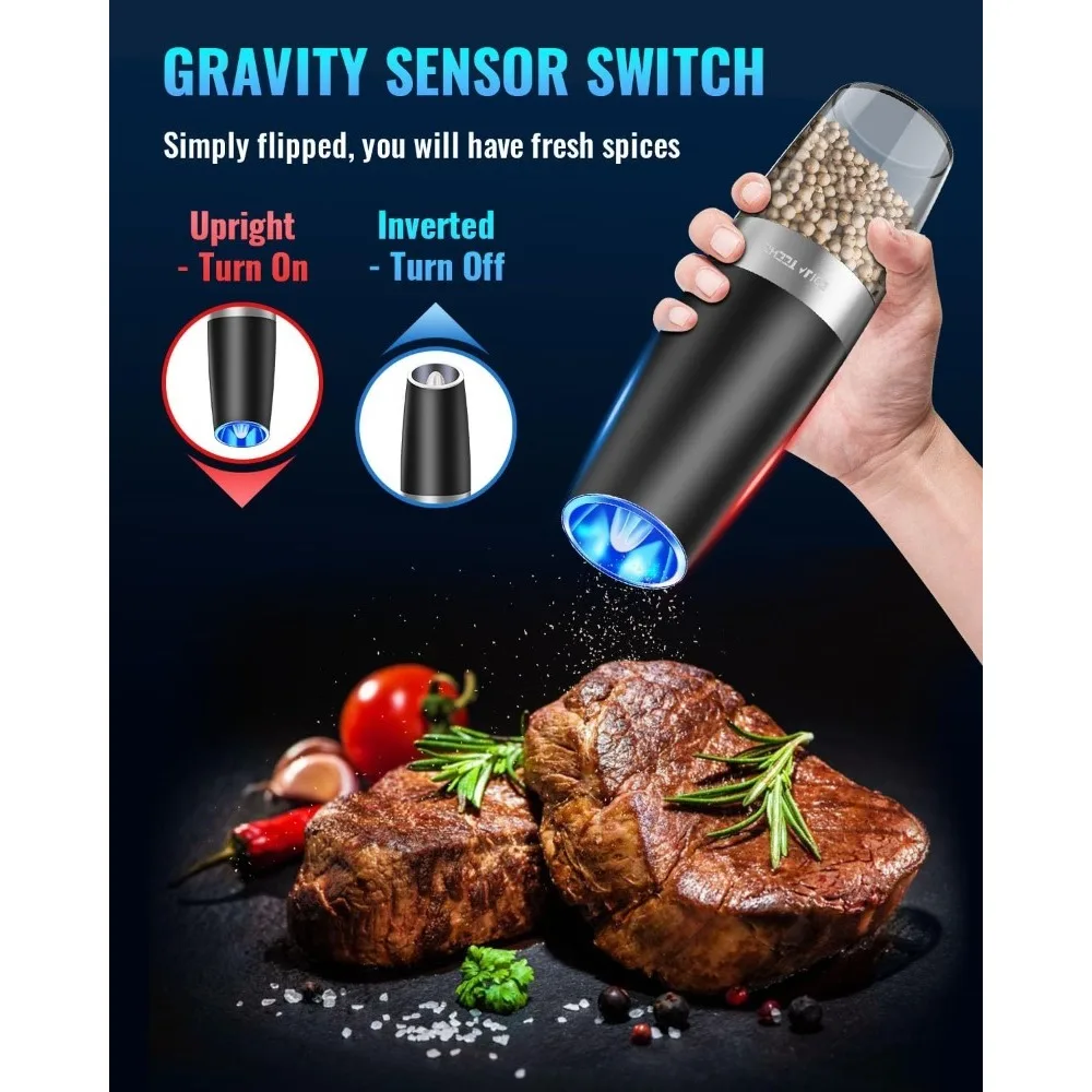 1/2 Pack Gravity Electric Pepper and Salt Grinder Set Adjustable Coarseness Battery Powered with LED Light Kitchen Tools