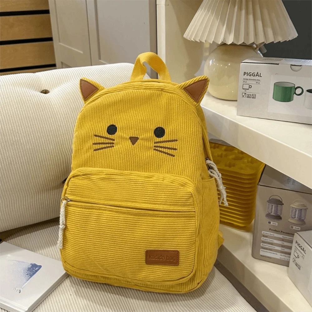 Sweet Cartoon Cat Backpack Multicolored Printed Corduroy Rucksack Multiple Pockets Lightweight Student School Bag Travel Use