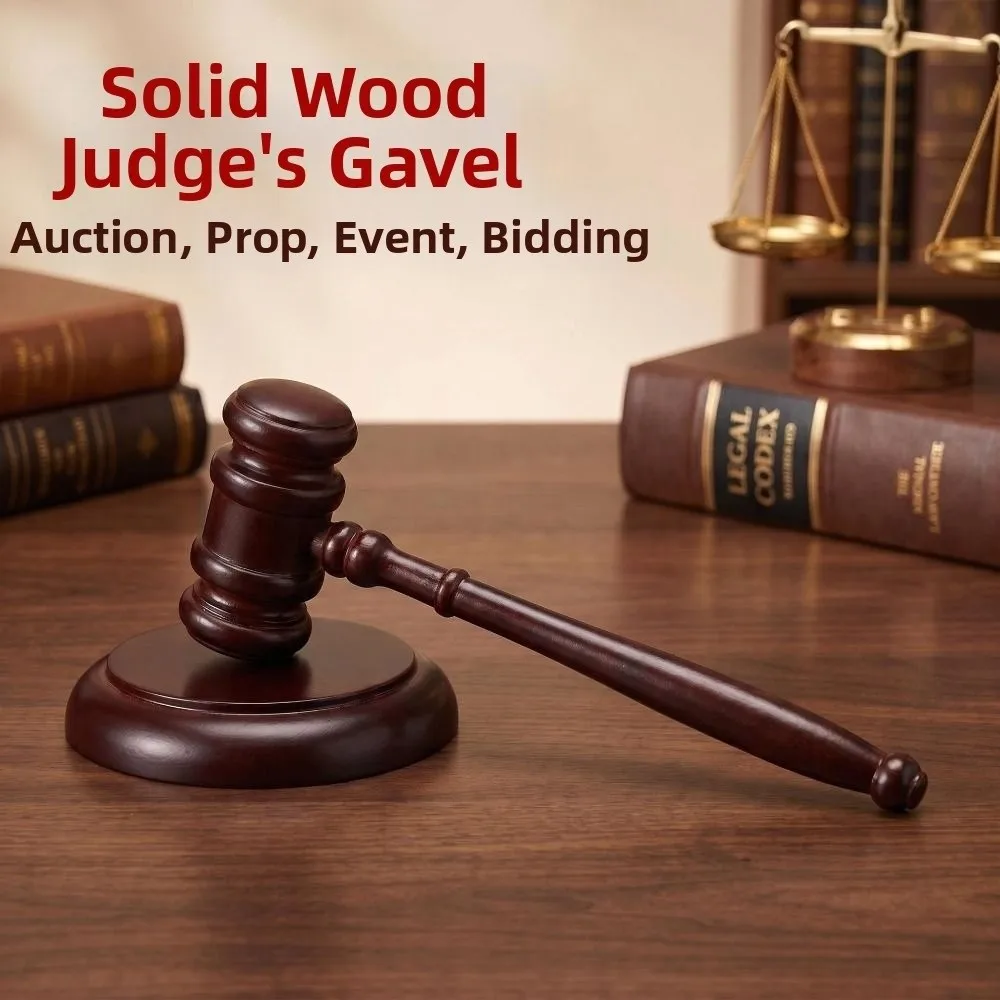 High Quality Wooden Judge Hammer Long Handle with Sound Block Wood Adjudgement Gavel Handcrafted Multi-functional