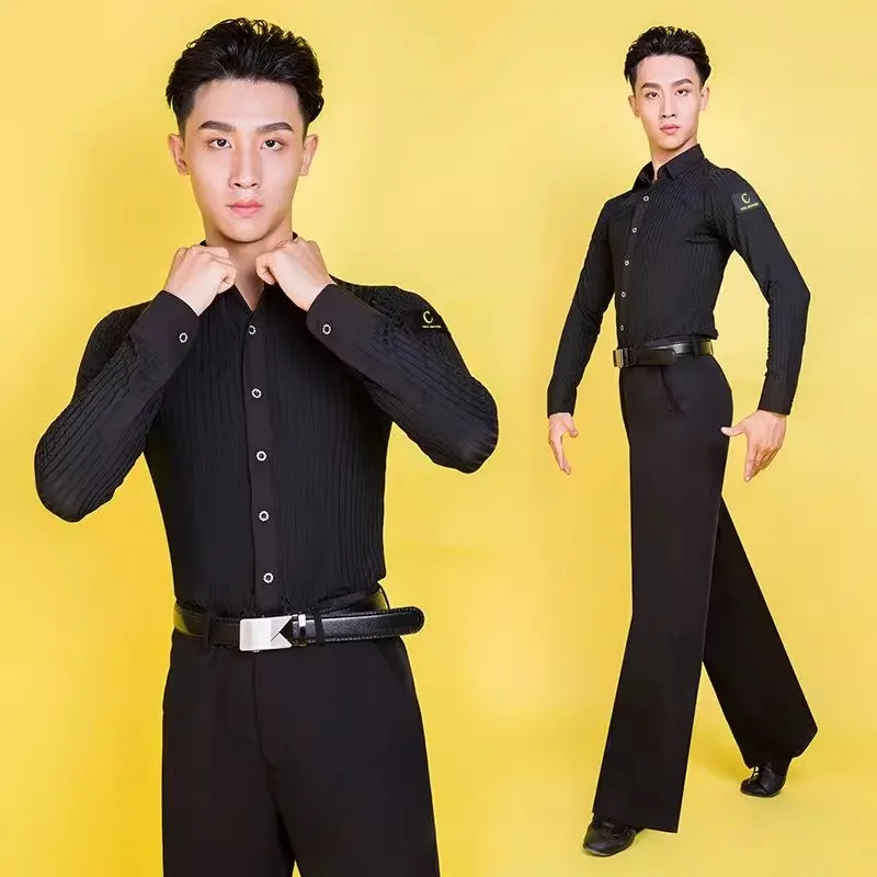 백인 남성 라틴 댄스 셔츠 옷 긴 소매 표준 현대 볼룸 탑 성능 왈츠 연습 댄스웨어 의상