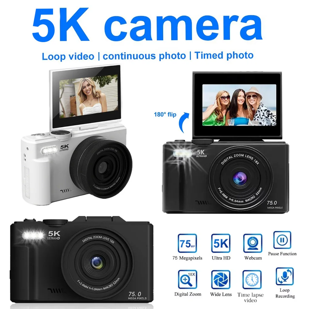 Компактная цифровая фотокамера 128 ГБ 5K, винтажный видеорегистратор Vlog 75 МП для YouTube, веб-видеокамера с Wi-Fi, 180 камера с откидным экраном
