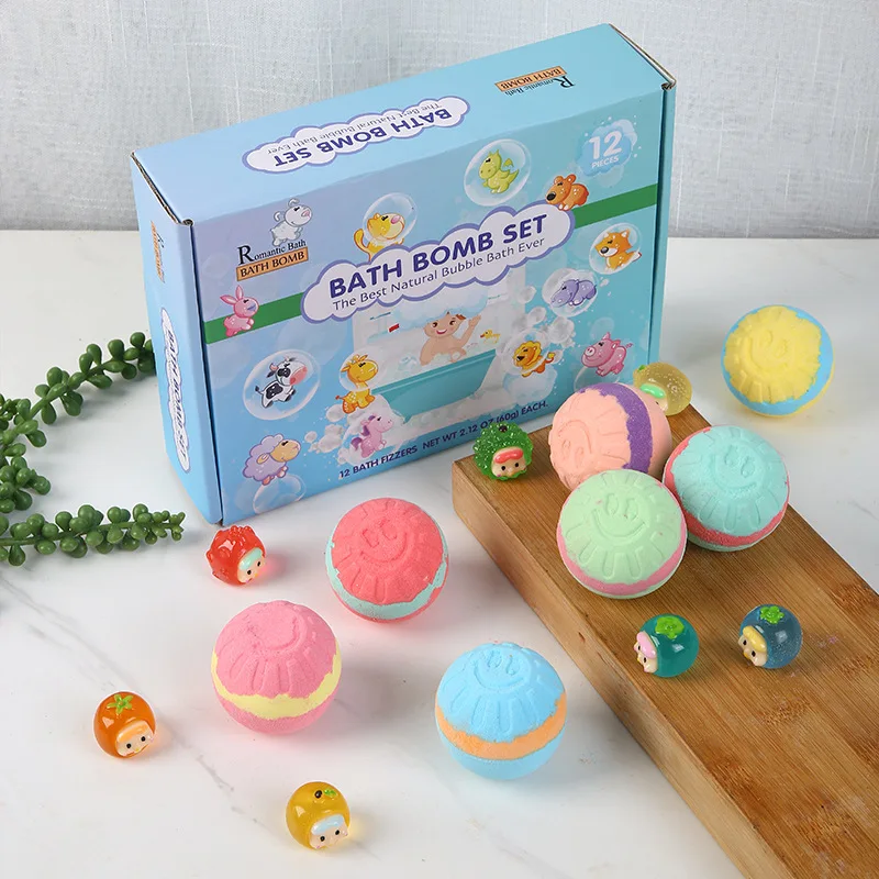 12pcsX60g Kids Bathing Tool Gift Set with Surprise Toys Gentle Bombs Bubble Bath Fizzies for Spa & Birthday Gifts Drop Shipping