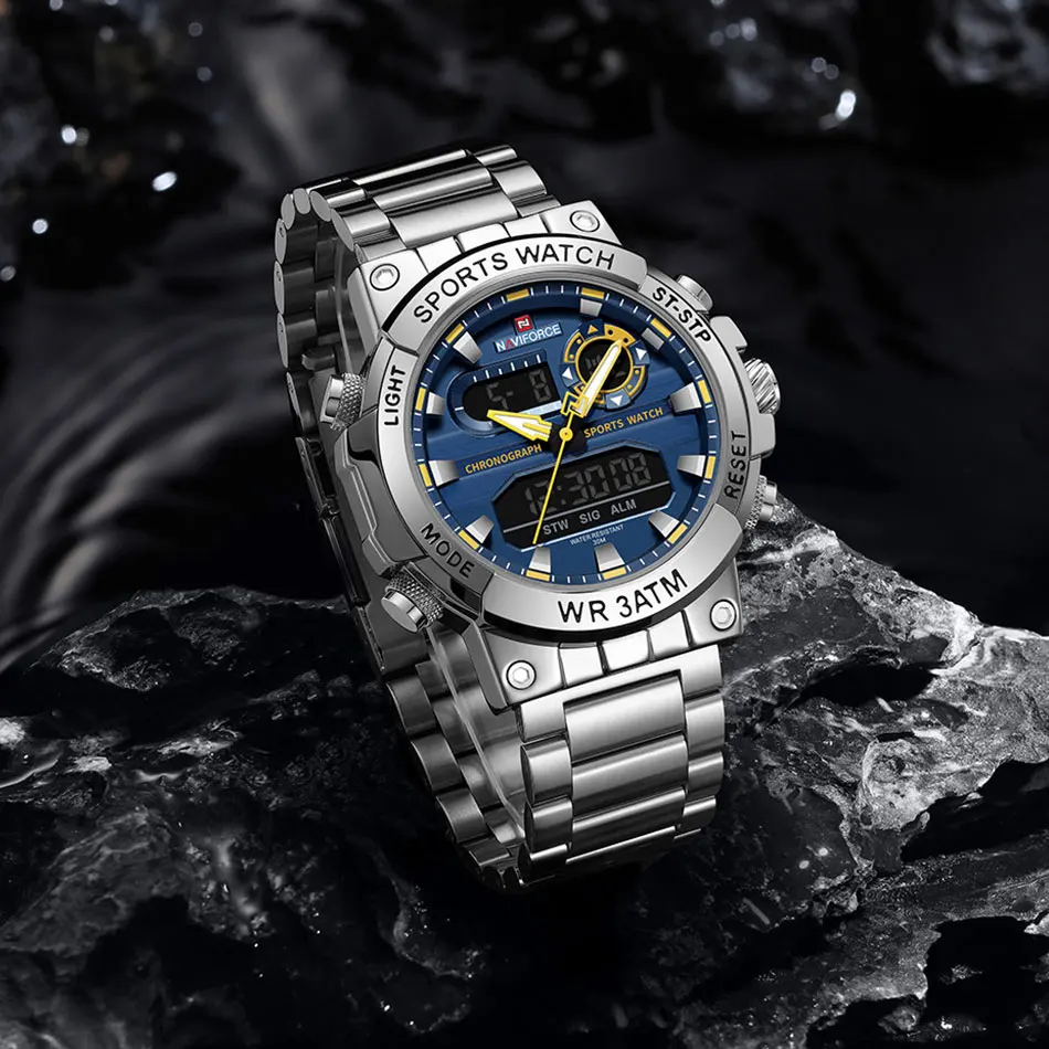NAVIFORCE الرجال المزدوج عرض ساعة رياضية مقاوم للماء ساعة كرونوغراف الذكور الجيش العسكرية ساعة رقمية للرجال Relogios Masculino
