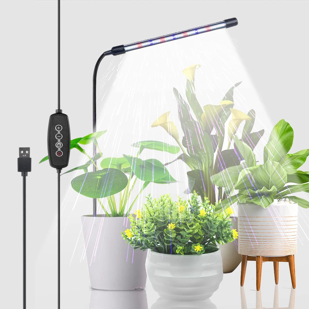 Luz de crecimiento de plantas, luz de relleno interior LED de espectro completo USB, temporizador de encendido/apagado automático 360, 1 ud. °   tubo de cuello de cisne ajustable regulable