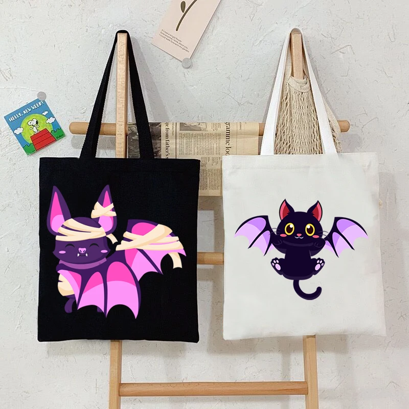 

Cartoon Black Cat Bat Canvas Tote Bag Women Halloween Party Gift Shopping Bags Student Literary Book Shoulder Bag Gothic Handbag