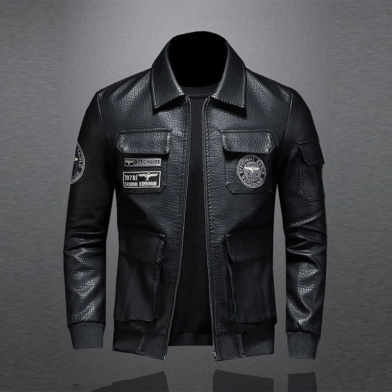 

Autumn Winter 2022 New Men's Lapel Embroidered Leather Jacket Slim Fit Motorcycle Trendy Coat Male Stylish Clothes