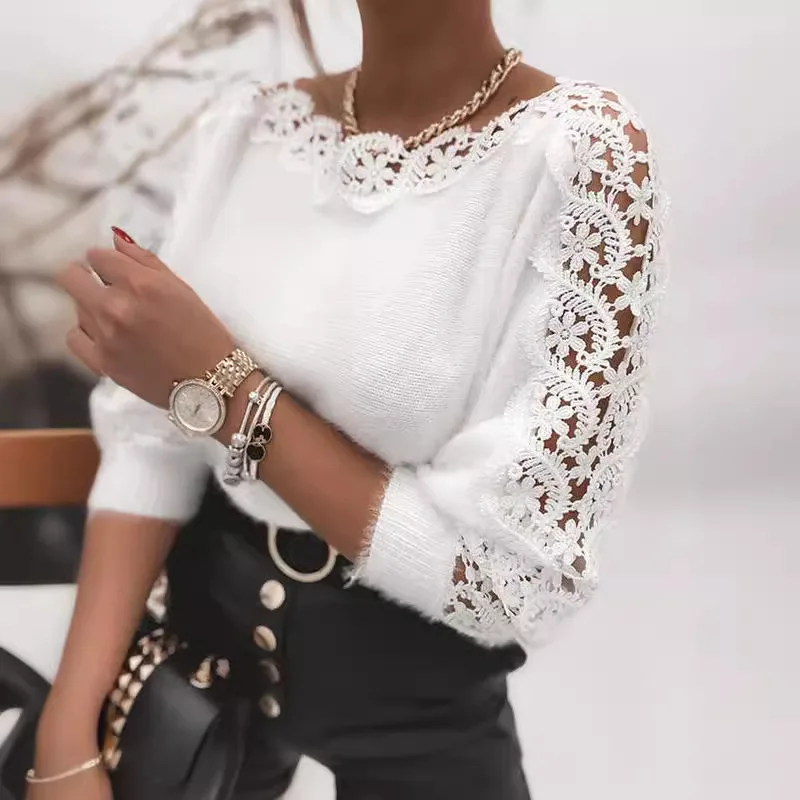 

Hollow-Out Knitted Sweater Elegant One-Word Collar Lace Stitching Sleeve Women's Solid Color Knitted Top Ropa Para Mujer