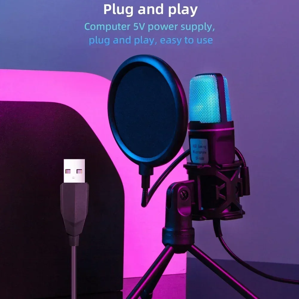 SF666R USB Wired Microphone Noise Reduction RGB Condensador Mic For Recording Podcast Mic With Stand Interview Vlogging Video
