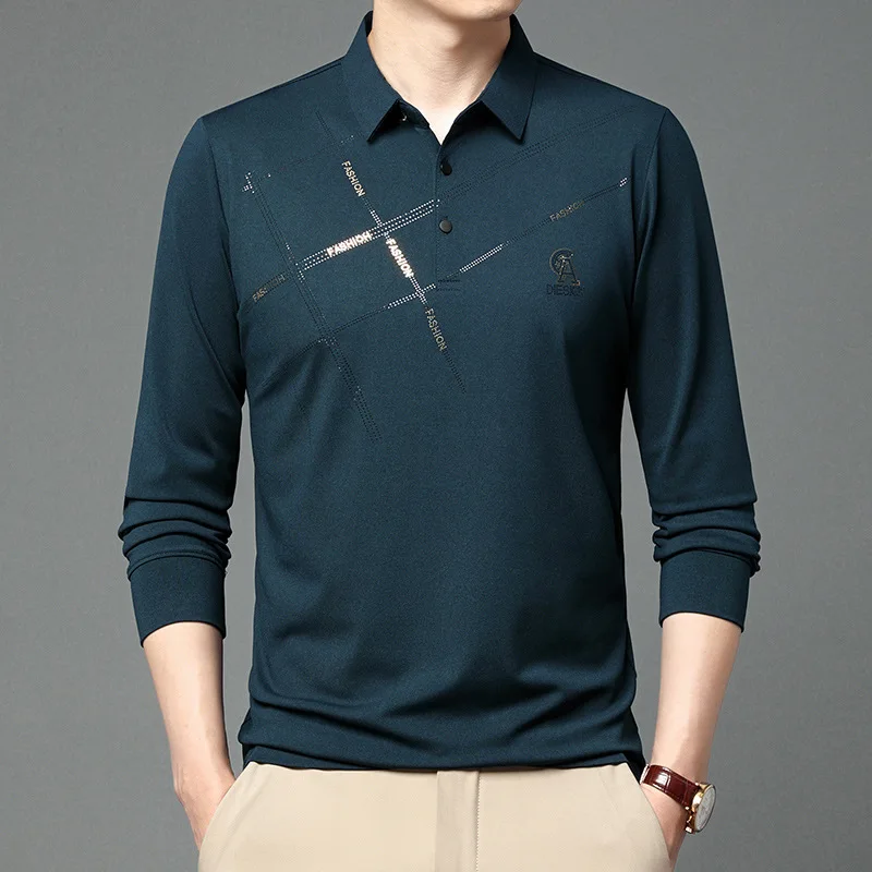 Long Sleeved Polo Shirt for Men New Laser Printed Top for Middle-aged Casual Fashion Lapel Long Sleeved T-shirt for Men