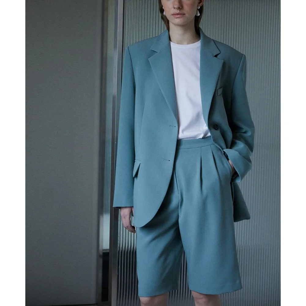 

Loose Blue Single Breasted Peaked Lapel Woman Suits 2 Pieces Blazer+Pants Set Formal Party Sets Office Lady Customized Clothing
