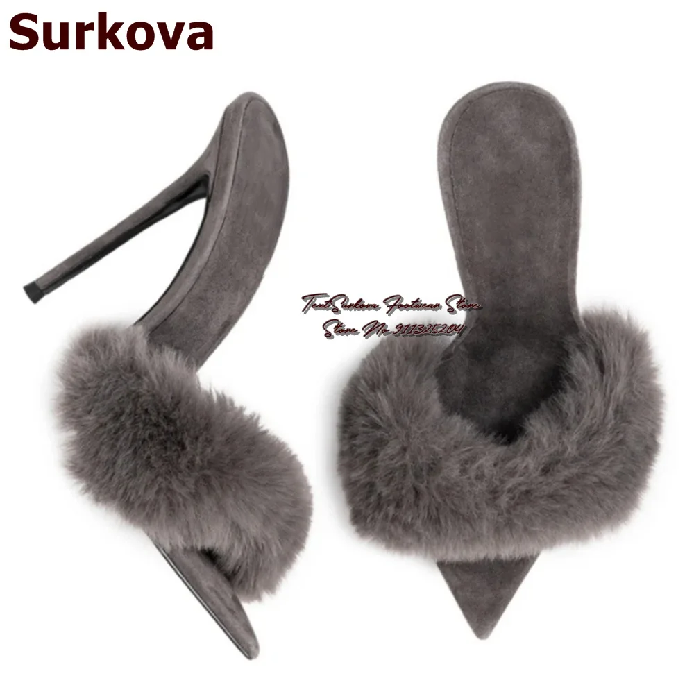 Surkova Beige Grey Fur Mules Women Sky High Heels Pointed Toe Modern Slippers Sweet Fluffy Dess Shoes Furry Slip-On Sandals