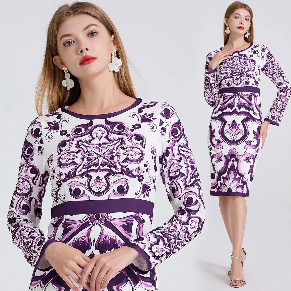 

Printed temperament high waisted hip hugging dress high waisted long sleeved round neck skirt