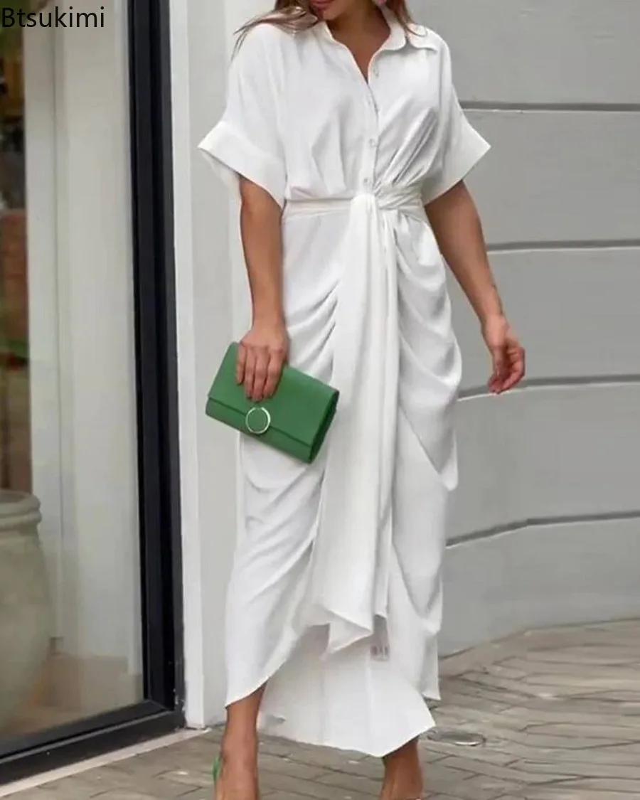 Neue Frauen Hohe Taille Hemd Kleid 2025, Sommer Klassische Feste Dünne Kurzarm Kleid Weibliche Modische Casual Büro Lange Skir