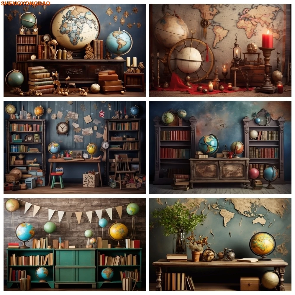 

Retro Bookshelf Globe Backdrop Books Desk Vintage Wall Back to School Baby Portrait Birthday Party Photography Background Decor