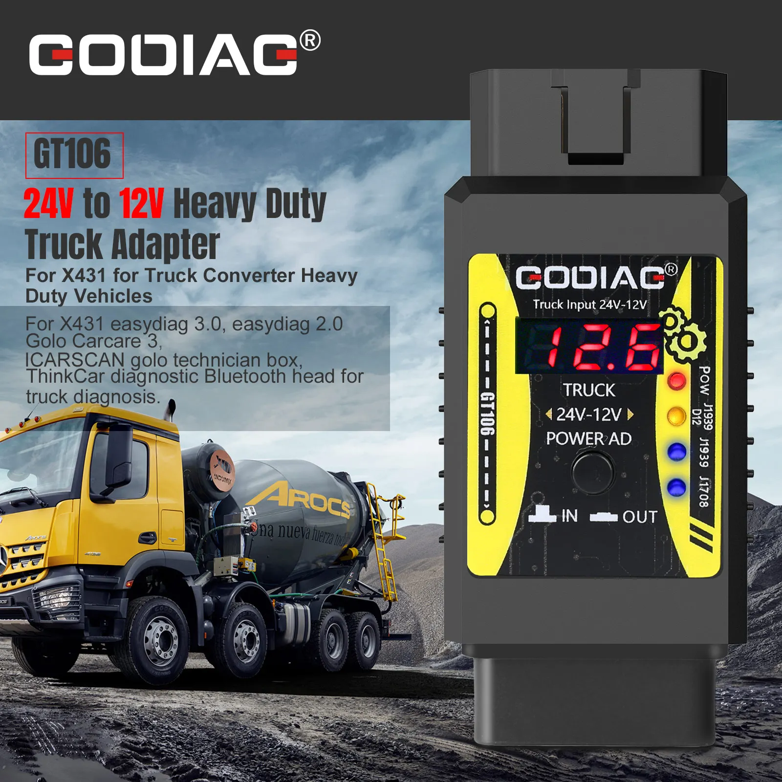 Newest Godiag GT106 for X431 Truck Converter 24V to 12V Heavy Duty Truck Adapter DBSCAR5/Easydiag/ Golo/ Thinkdiag/GOLO/ DBScar2