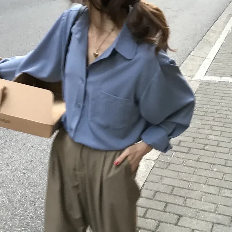 Women Blouses Long Sleeve Turn Down Collar Denim Shirt Single Breasted Button Pockets Loose Casual Winter 2025 Solid Color - Image 2