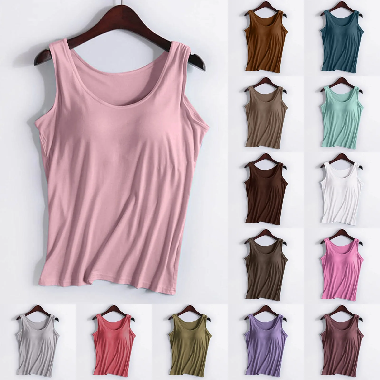 Women Solid Color Tops With Chest Pad No Steel Ring Cup Shirts Wide Strap Integrated Outerwear Yoga Sports Vest Loose Top Women