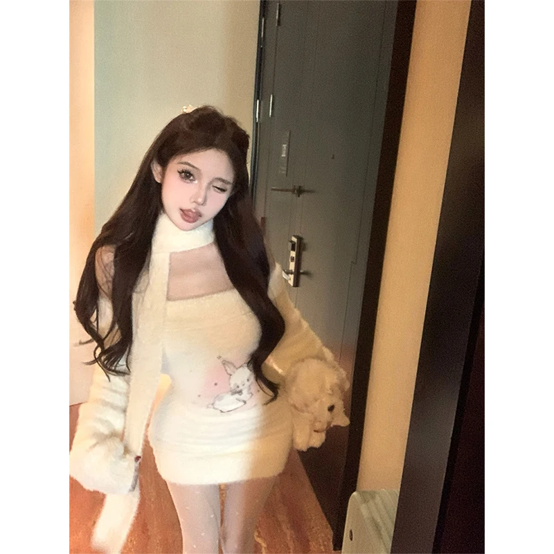 Y2K الكرتون محبوك فستان قصير المرأة مثير مائل وشاح للرقبة فساتين الشتاء Gyaru Harajuku الكورية طويلة الأكمام Bodycon Vestidos جديد #2