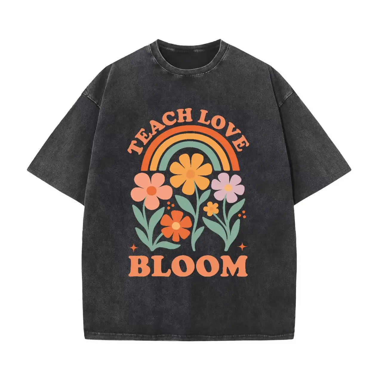 

Washed Oversized Teach Love Bloom T-Shirt Rainbow Flower Graphic Tee Inspirational Slogan Teacher Appreciation Retro Casual