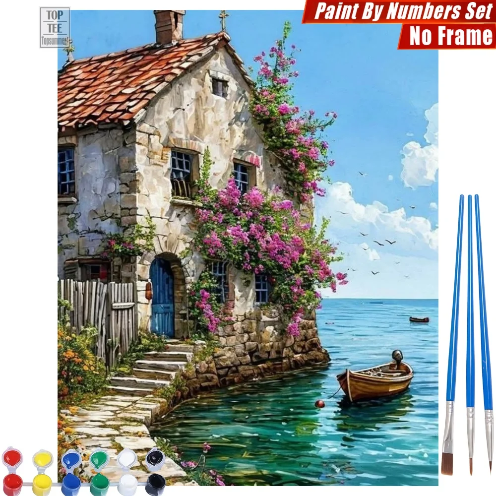 

Tranquil Stone House Painting By Number Kit - Moored Boat Flowers Creative Family Fun Easter Gift For Grandma