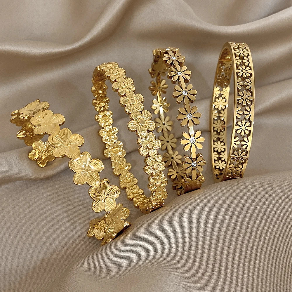Bracelet manchette à fleurs en acier inoxydable 316L pour femmes, mode creuse florale esthétique Couple poignet empilé, bijoux cadeaux