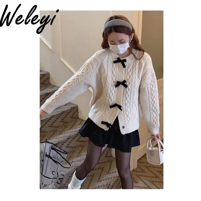 

French Retro Bow Sweater Women's 2024 Autumn and Winter Cute and Versatile New Single Breasted Long Sleeve Twist Cardigan Jacket