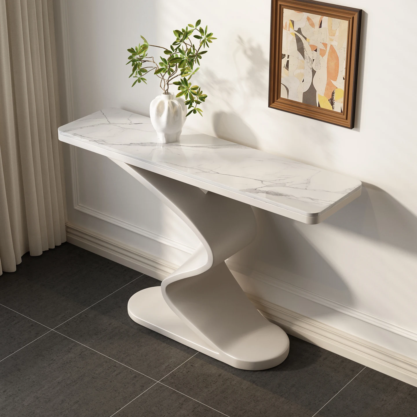 xx-Modern Console Table with Twisted Metal Base and Marble Top Stylish Entryway Table^