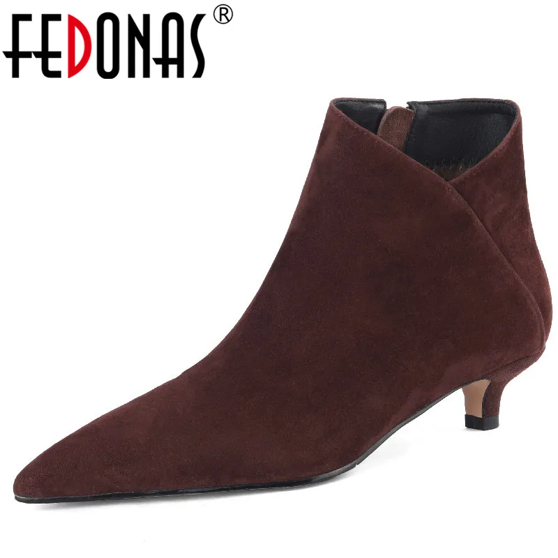 FEDONAS Basic Women botki Pointed Toe na cienkim obcasie biurowa, damska Party Kid Suede Leather Shoes Woman Autumn Winter Elegant