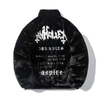 سترة صوف من فراء الأرنب للرجال، معاطف هيب هوب، ملابس شارع بأحرف ريترو، معطف هاراجوكو كاجوال، ملابس خارجية عصرية بسحاب، شتاء