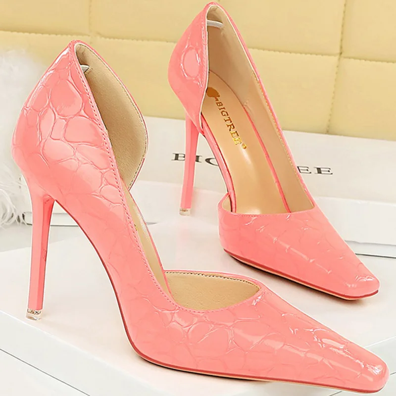 Women 10.5cm High Heels Stiletto Pumps Lady Square Toe Shallow Stone Pattern Peach Green Patent Leather Wedding Evening Shoes