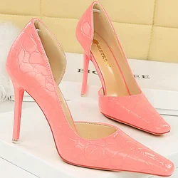 Women 10.5cm High Heels Stiletto Pumps Lady Square Toe Shallow Stone Pattern Peach Green Patent Leather Wedding Evening Shoes