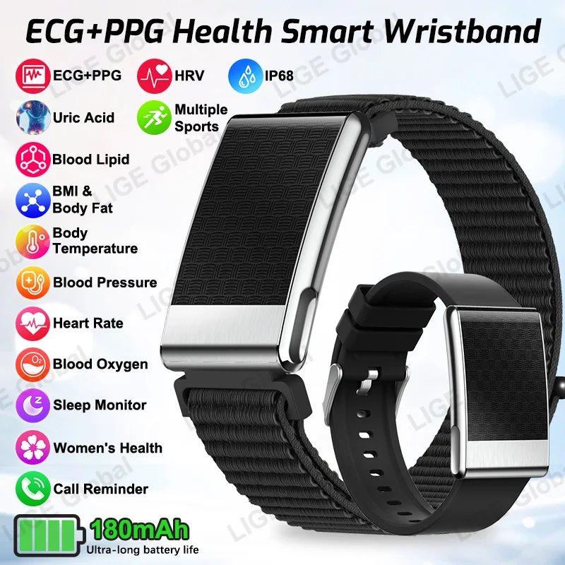 

LIGE ECG+PPG Smart Bracelet Men Blood Fat Uric Acid Blood Pressure Body Temperature Nursing Grade Women Health Sports Smartwatch