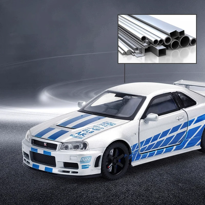 1/32 Skyline GTR-R34 miniatura RX7 aleación inicial D Diecast Metal modelo coches sonido luz juguete coleccionable niños vehículo regalo