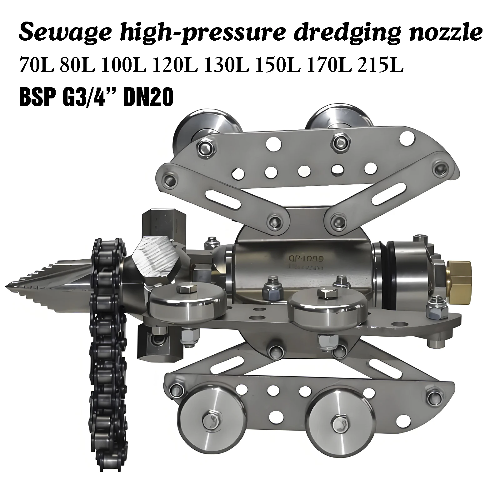 

Stainless Steel Sewer Jetter Nozzle with Chain Cutter - G3/4" BSP, 70-215L High Flow, Pipeline Dredging Nozzle