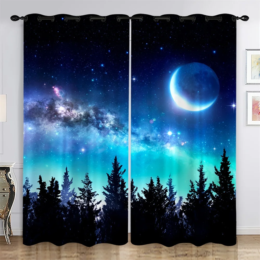 Blue Night Moon Cloud Galaxy Shine Stars Starry Window Curtain For Living Room Kids Bedroom Bathroom Kicthen Door Home Decor2Pcs