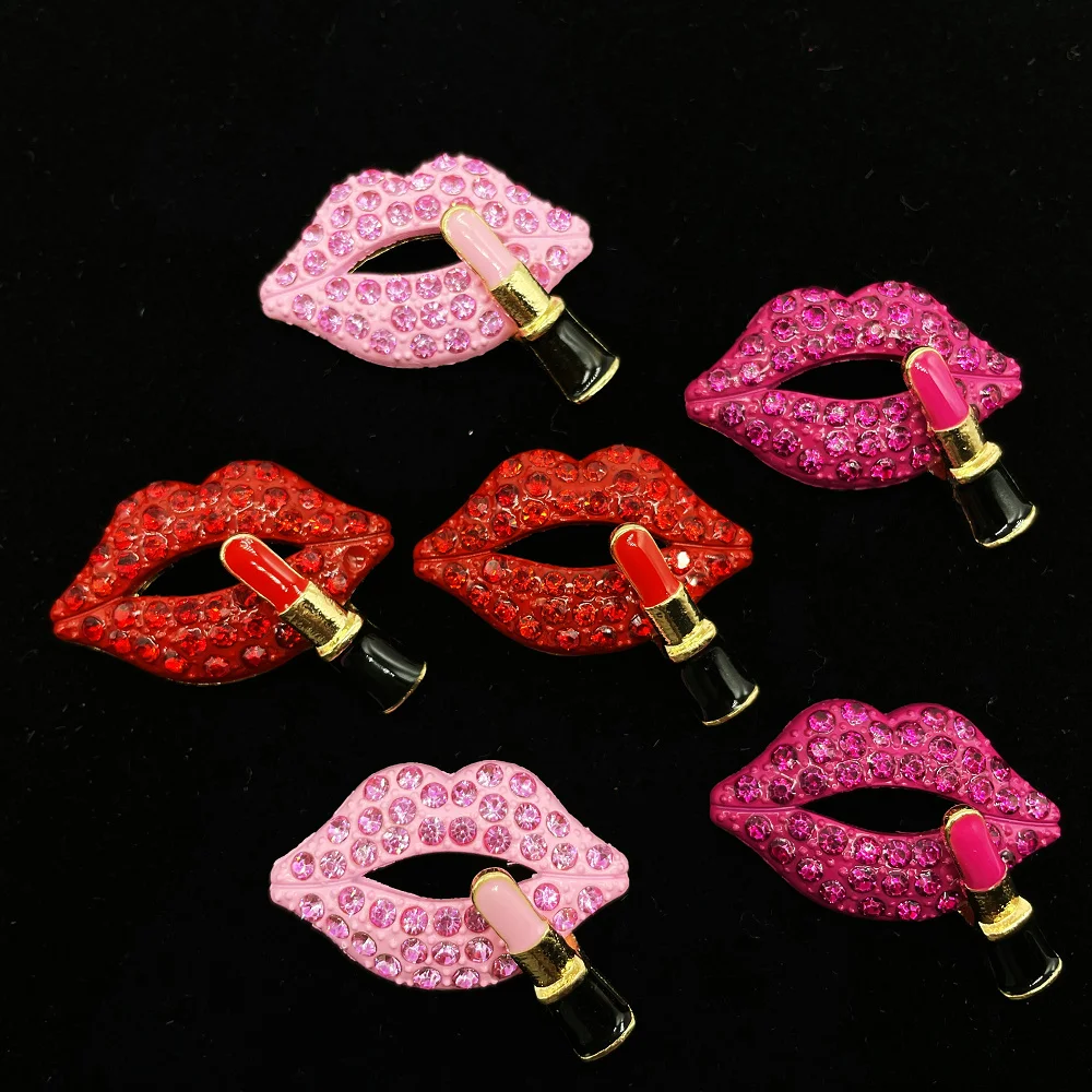 2Pcs Rhinestone Alloy Lipstick Button Red Pink Lips Accessories For DIY Crafts Headwear Brooch Pin Badge Bag Clothing Decoration