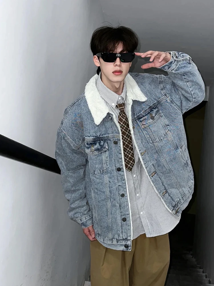 

Men's Thiened Denim Cotton Jaet Winter Warm Faux Fur Collar Outerwear American Retro Sle Long Sve Button Closure Coat