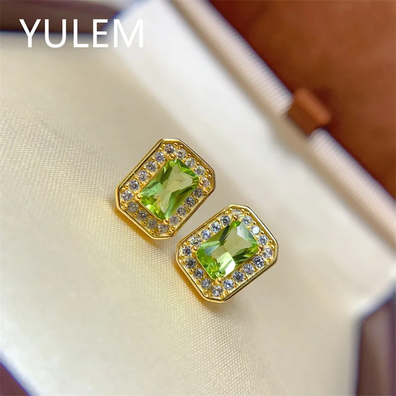 YULEM Natural Peridot Earrings Clean-cut Gemstone in Radiant Shape, Featuring 4x6mm Rectangle Stone 925 Sterling Silver