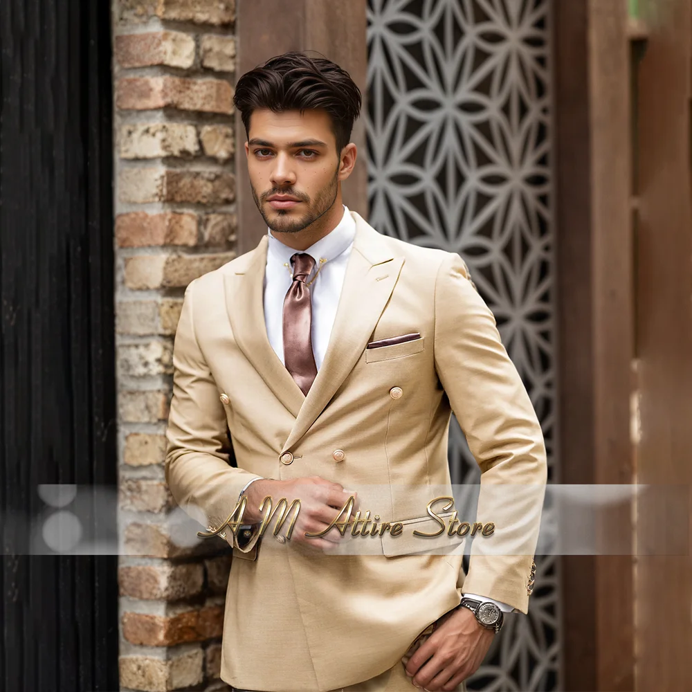 

Khaki Men's Suit 2pcs Prairie Sand Double Breast Blazer Pants Tailored Fit for Wedding Groomens Prom Party Tuxedo Office Wear
