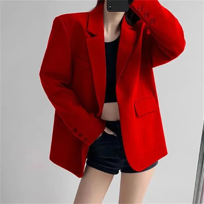 2024 Vintage Women's Blazer Fashion Streetwear Loose Long Sleeved Blazers All-Match Casual Single Button Office Lady Coat