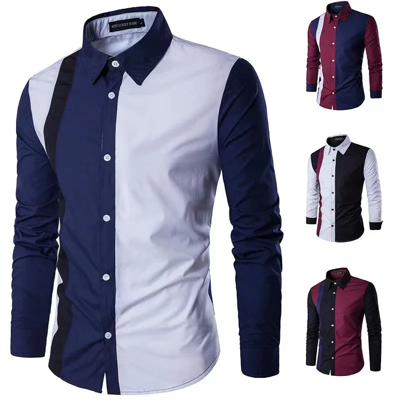 

2023 Men's Shirt Spliced Striped Luxurious and Comfortable Button Long Sleeve Suit Lapel Shirt Soft and Comfortable Material