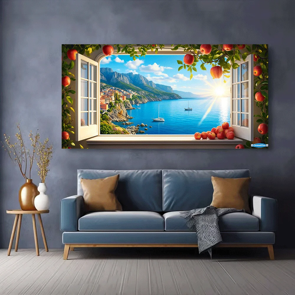 1pc frameless Canvas Painting 1PC-Canvas poster Unframed Window View Coastal Landscape Sea Village Mountains Apple Tree Sunlight