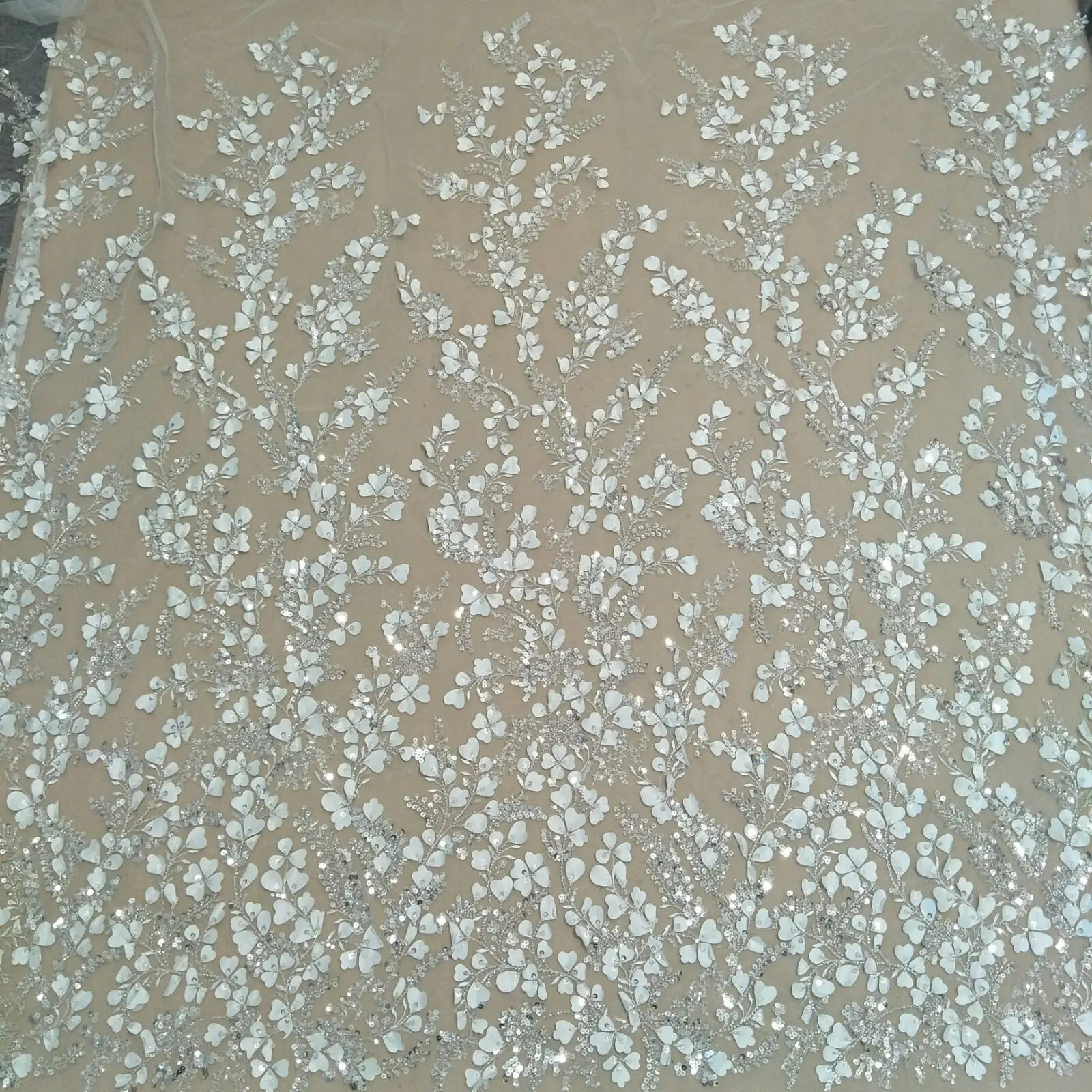 new arrival laser cut wedding gown dress lace fabric 130cm width lace fashion beading lace 3D flower fabric