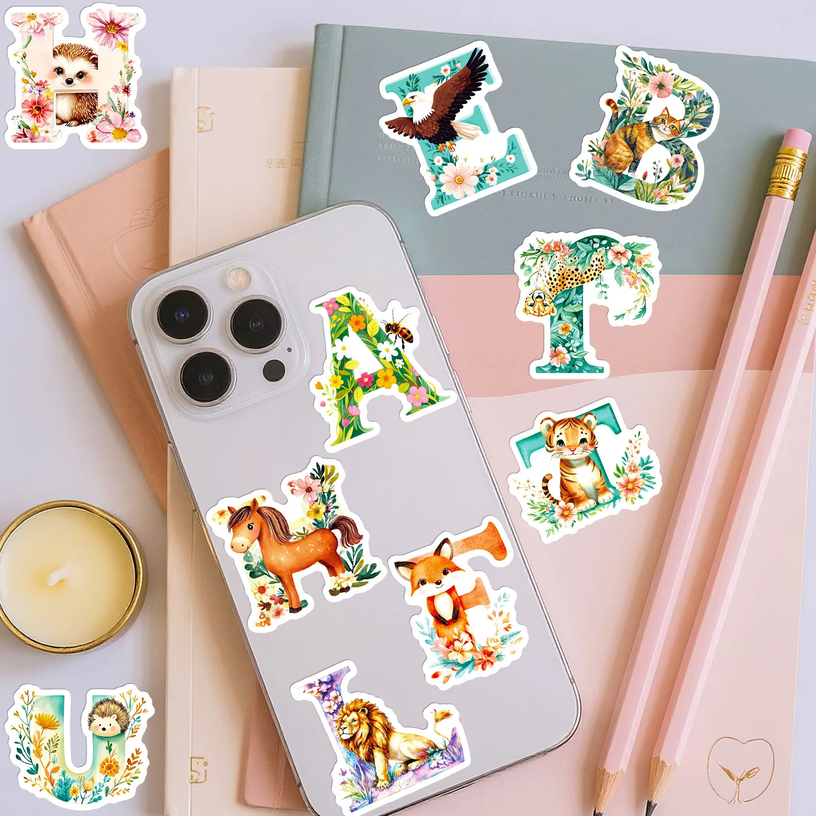 สติกเกอร์ตัวอักษรลายดอกไม้สัตว์น่ารัก 56 ชิ้น สไตล์สีน้ำ สติกเกอร์ตกแต่งตัวอักษรภาษาอังกฤษแบบสร้างสรรค์