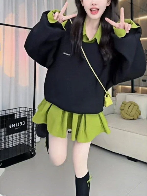 

plus Size Hoodie Dr Korean Sle Color Blo Long Sve Women's Spring New Ele Fake Two-Piece Dr for plus Size Girls