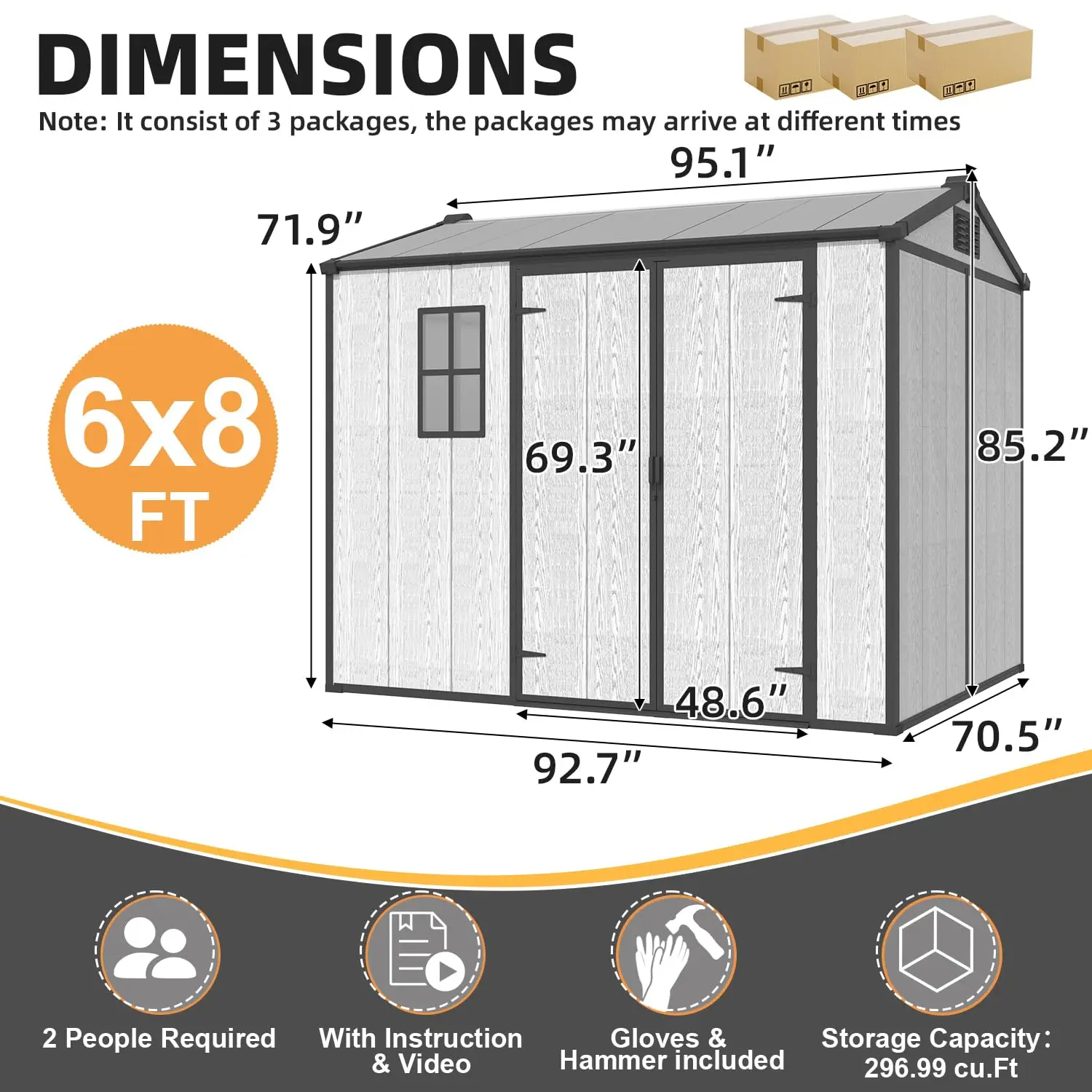6 x 8 FT Resin Outdoor Storage Shed with Floor, Plastic Tool Shed, Customized
