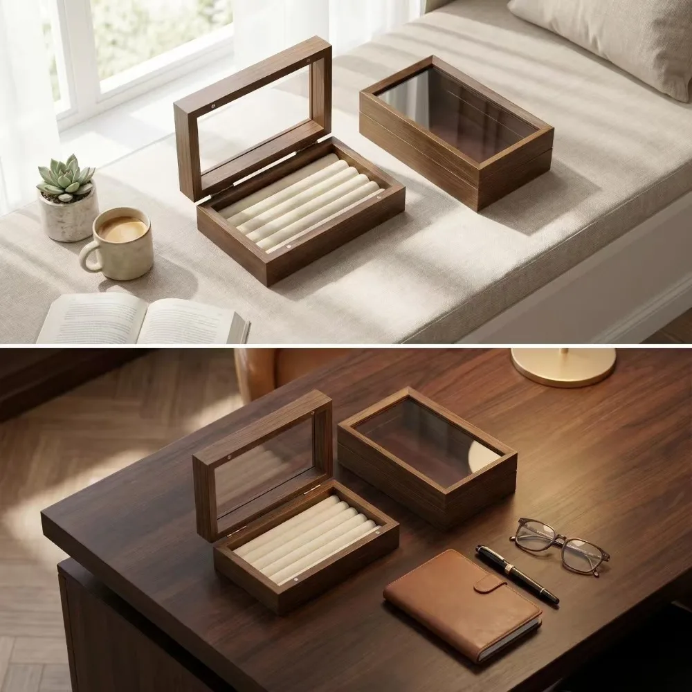 1pc Single Layer Elegant Wood Grain Jewelry Storage Box Flip Top Visible Display Case for Rings Earrings Necklaces Daily Jewelry