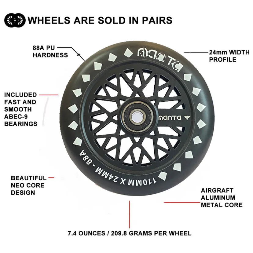 2 Pcs Accessories 110/120mm Pro Stunt/Push/Kick Scooter Wheels with Bearings Aluminum Alloy Core Scooter Replacement Parts