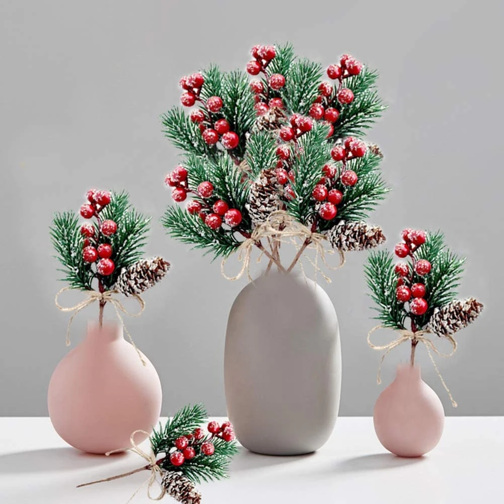 Tiges de Baies Rouges, Branches Enrichies, Vert Cloché, Décor de Baies de Noël, Cônes Artificiels Enrichis, Branches, Cueillette de Couronne Artisanale, 8 Pièces