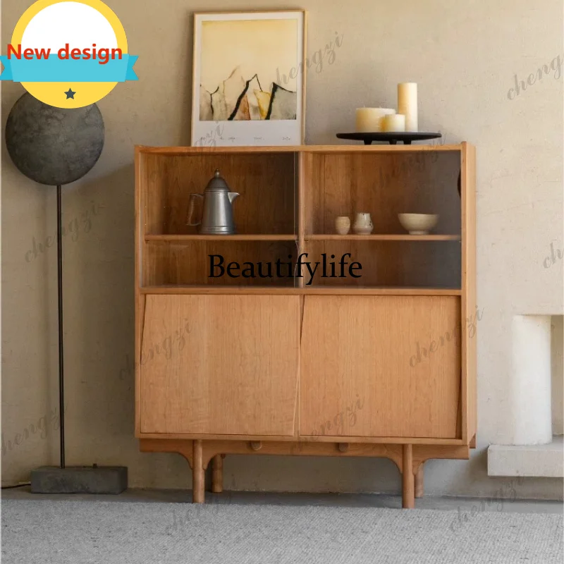 Sliding door black beard cherry solid wood glass dining side storage wine cabinet guest restaurant simple